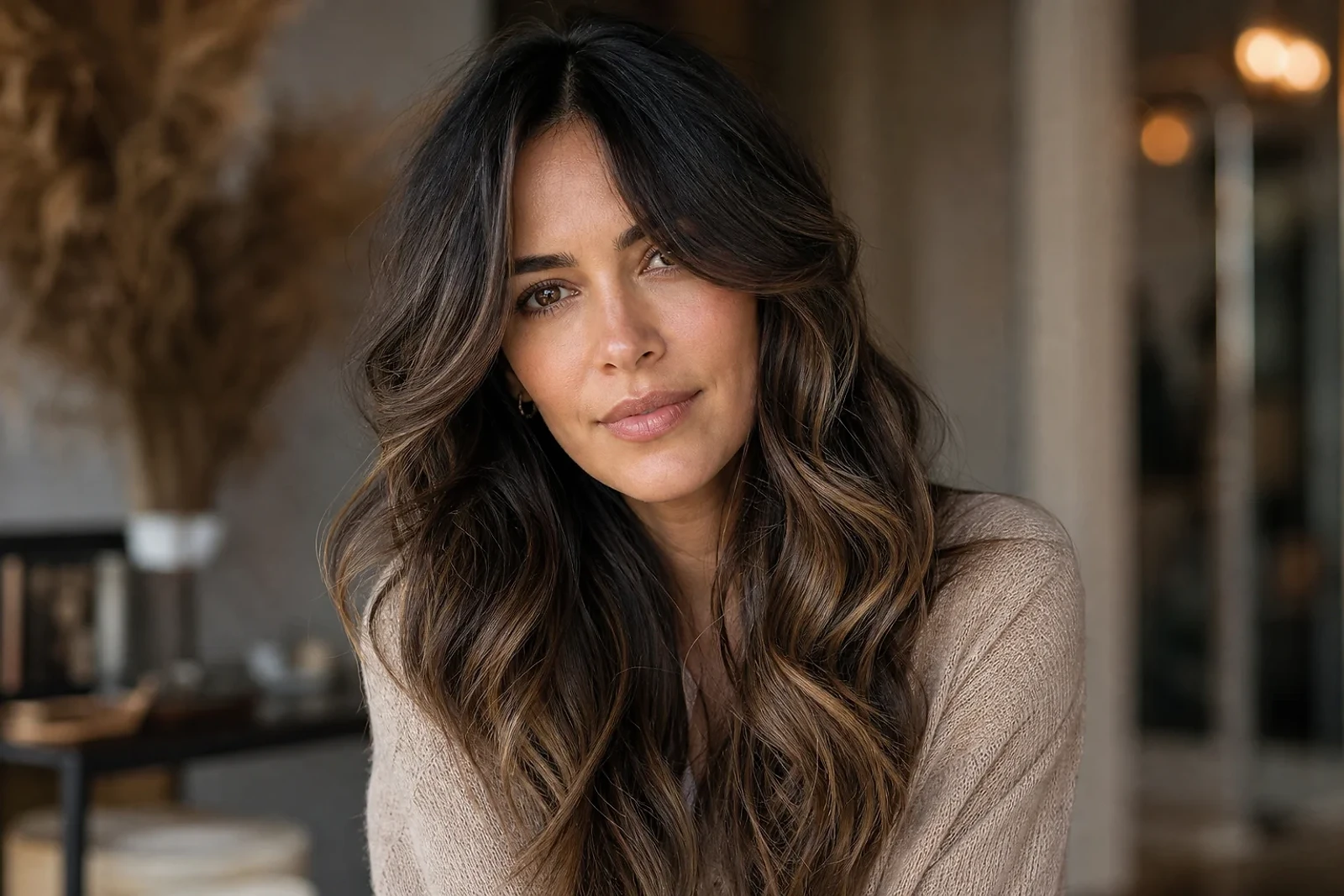 Mujer adulta con balayage para cabello oscuro en tonos caramelo suaves, mostrando dimensión natural y puntas iluminadas en ZOE Salon Guatemala.