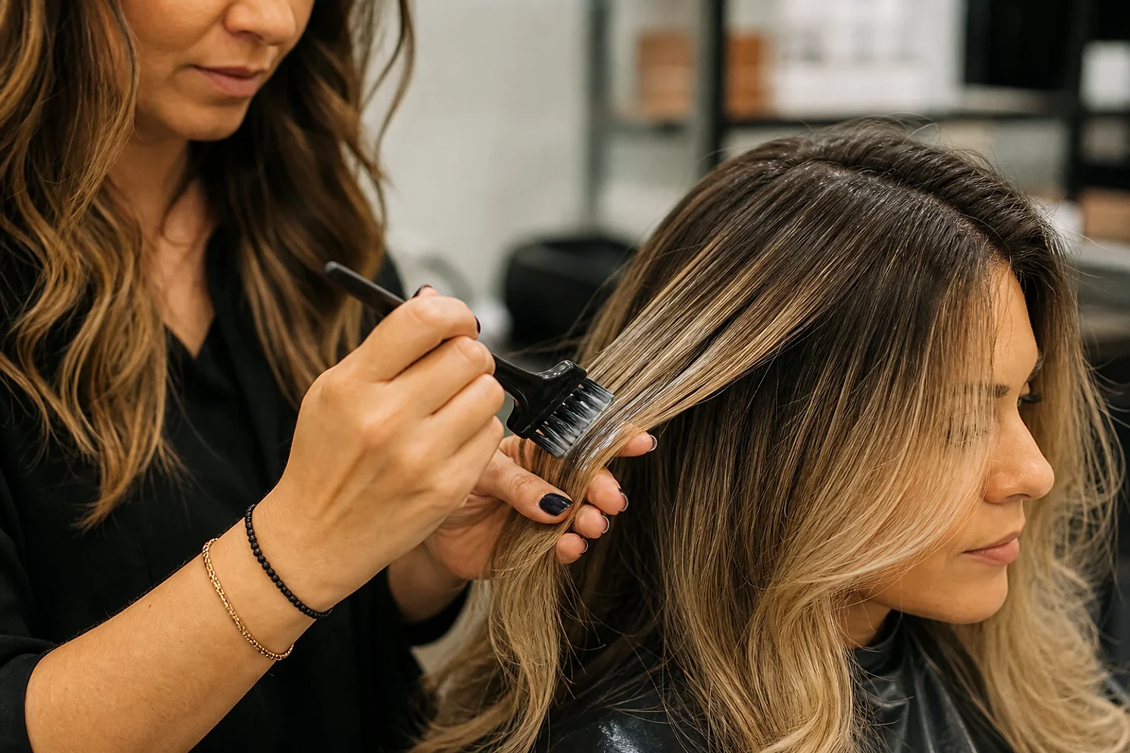 Estilista aplicando baño de color sobre mechas claras para ajustar el matiz y recuperar brillo del balayage en ZOE Salon Guatemala
