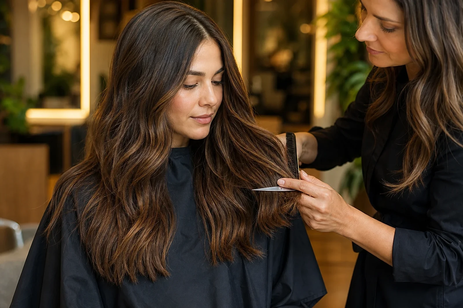 Mujer con melena larga mientras revisan sus puntas en ZOE Salon Guatemala; guía sobre Cada cuánto cortar el cabello y conservar el largo