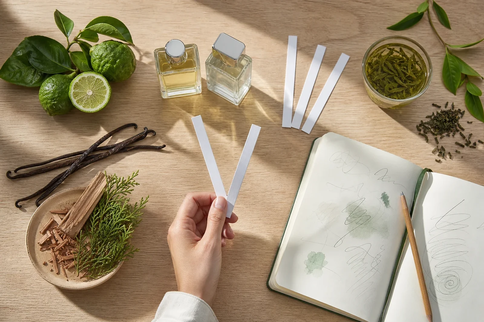 Tiras olfativas, cítricos y té junto a dos perfumes ilustran el layering de perfumes y la búsqueda de notas puente en casa