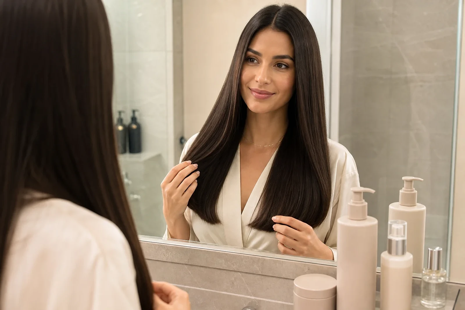 Mujer con cabello liso y brillante junto a productos esenciales para saber Cómo cuidar el cabello después de un alisado en ZOE Salon Guatemala