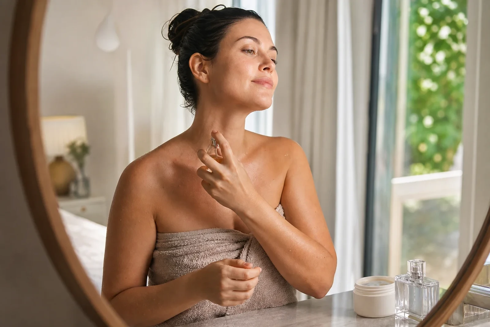 Mujer adulta aplicándose perfume en el cuello tras hidratar la piel, una rutina para aprender cómo hacer que el perfume dure más en casa en ZOE Salon Guatemala.