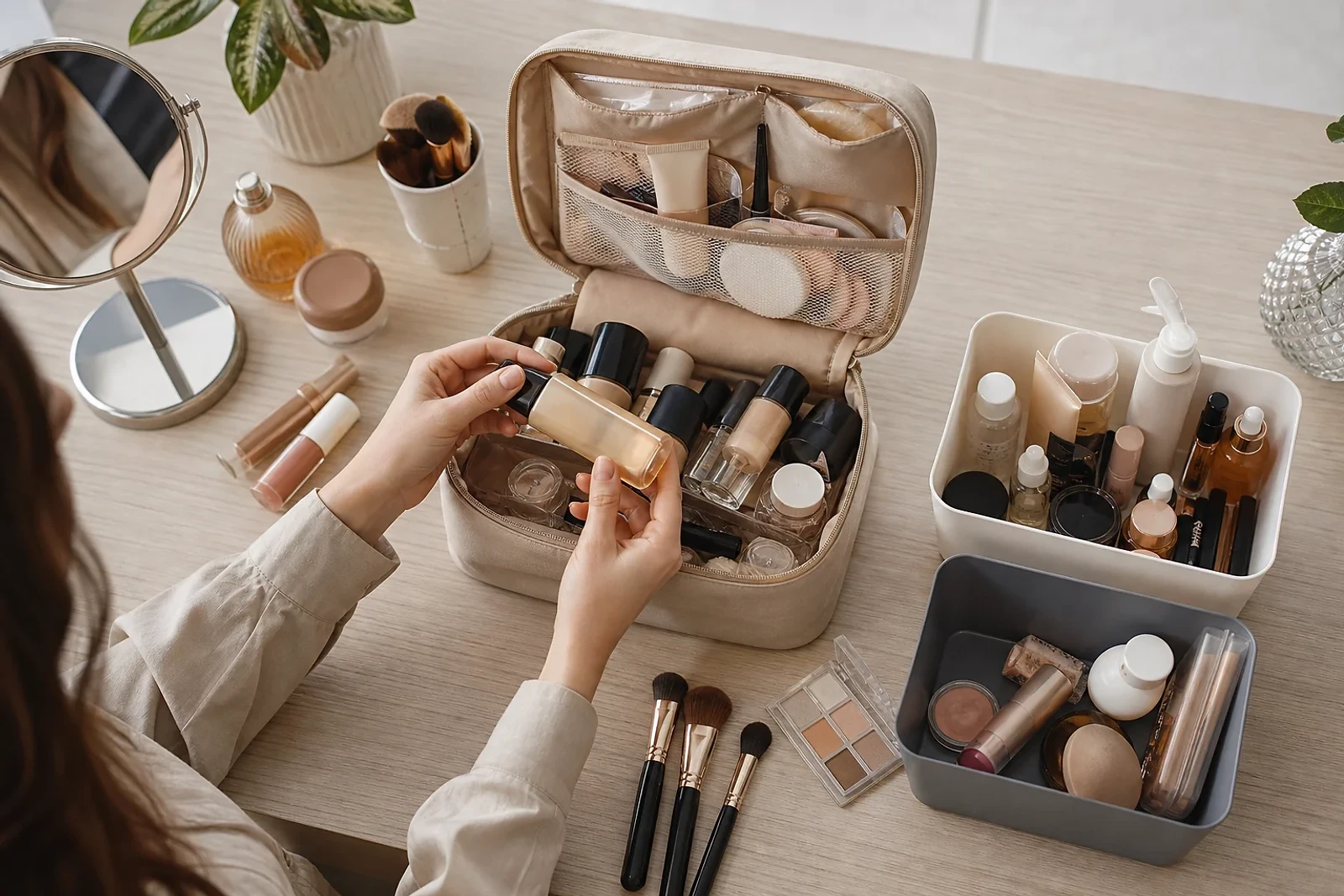 Cosmetiquera abierta con maquillaje clasificado para revisar cómo saber si el maquillaje está vencido en casa, junto a brochas limpias