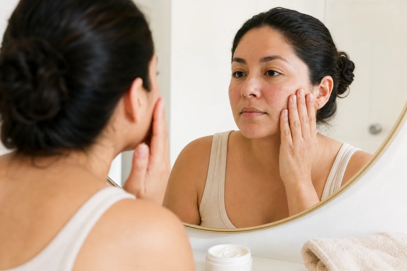 Mujer observa su piel sensible frente al espejo para entender Cómo saber si tengo la barrera cutánea dañada en ZOE Salon Guatemala