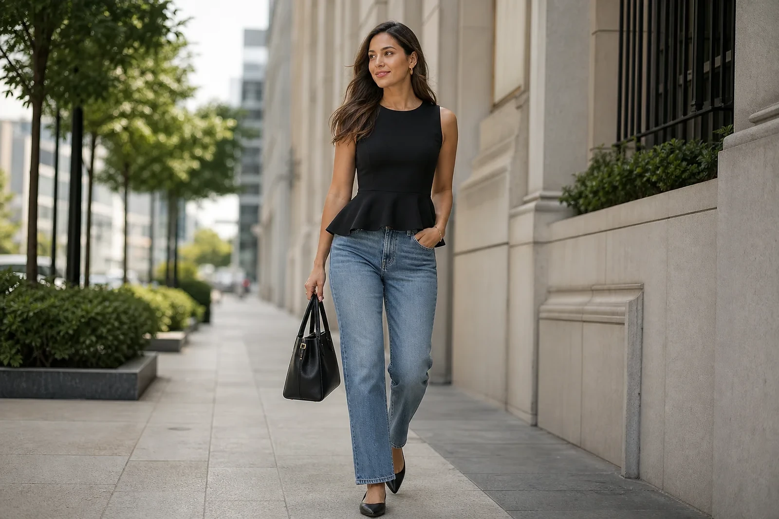 Mujer con top peplum negro y jeans rectos en Ciudad de Guatemala; ideas sobre Cómo usar un top peplum en 2026 en ZOE Salon Guatemala.