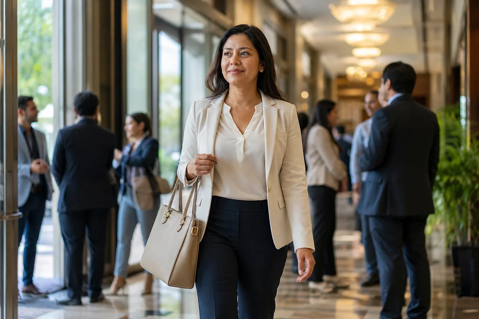 Mujer con blazer y pantalón sastre entra a un congreso; inspiración sobre Cómo vestir para un evento de networking en ZOE Salon Guatemala