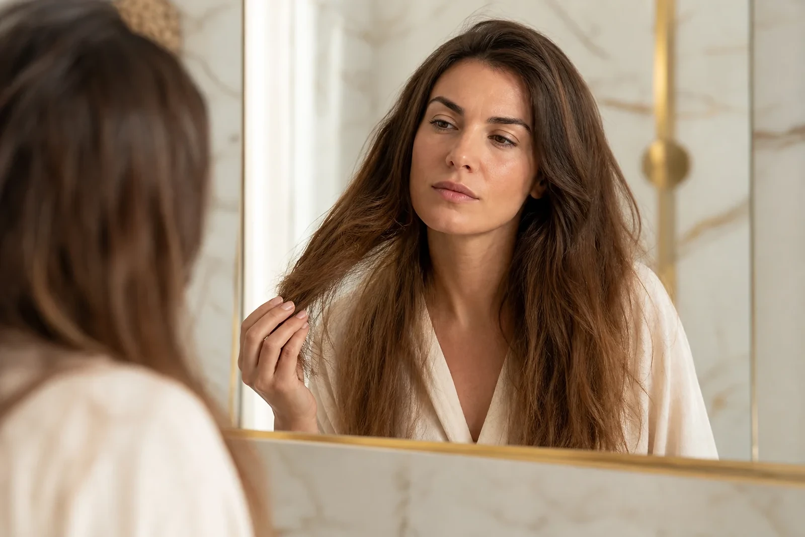 Mujer adulta observa su cabello con frizz frente al espejo, una escena sobre Errores de belleza que dañan piel y cabello en ZOE Salon Guatemala