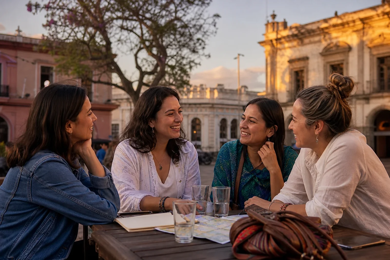 Amigas conversan al atardecer tras recorrer Ciudad de Guatemala, una escena de planes entre amigas y lifestyle de ZOE Salon Guatemala.