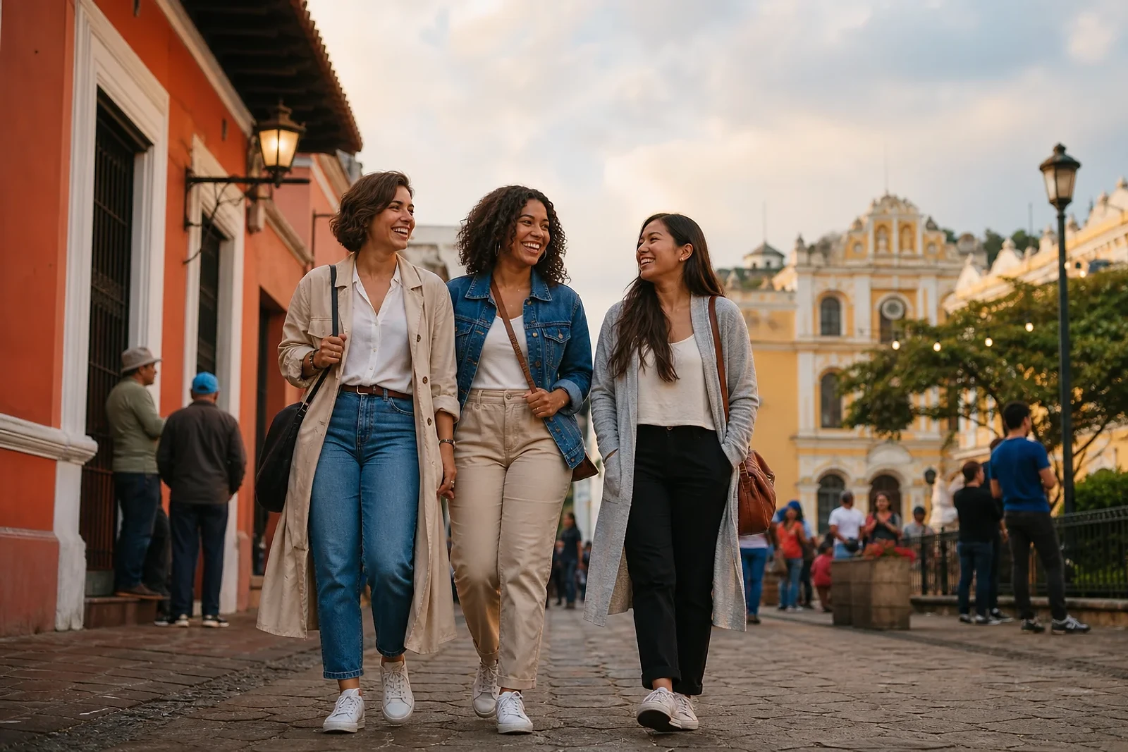 Tres amigas recorren una plaza del Festival del Centro Histórico 2026 en zona 1, con looks cómodos y arquitectura colonial de Guatemala.