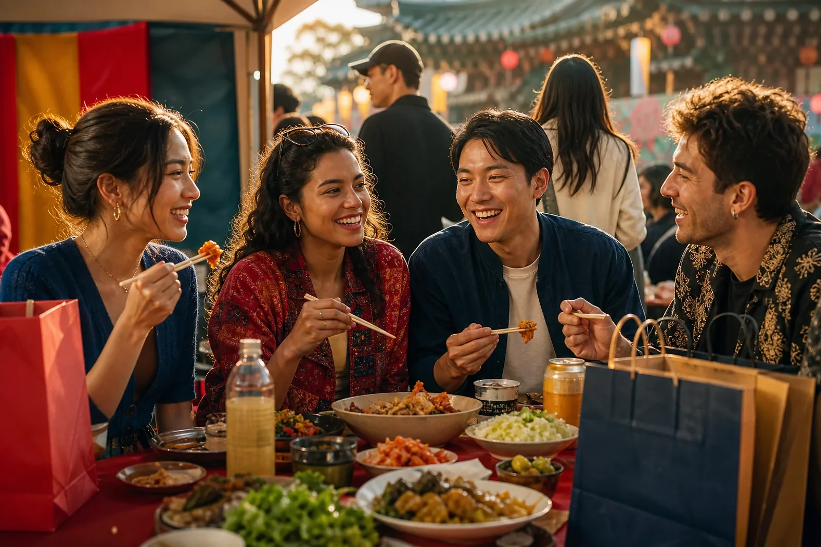 Amistades comparten comida y conversación después de un evento de cultura coreana, un plan social recomendado por ZOE Salon Guatemala.