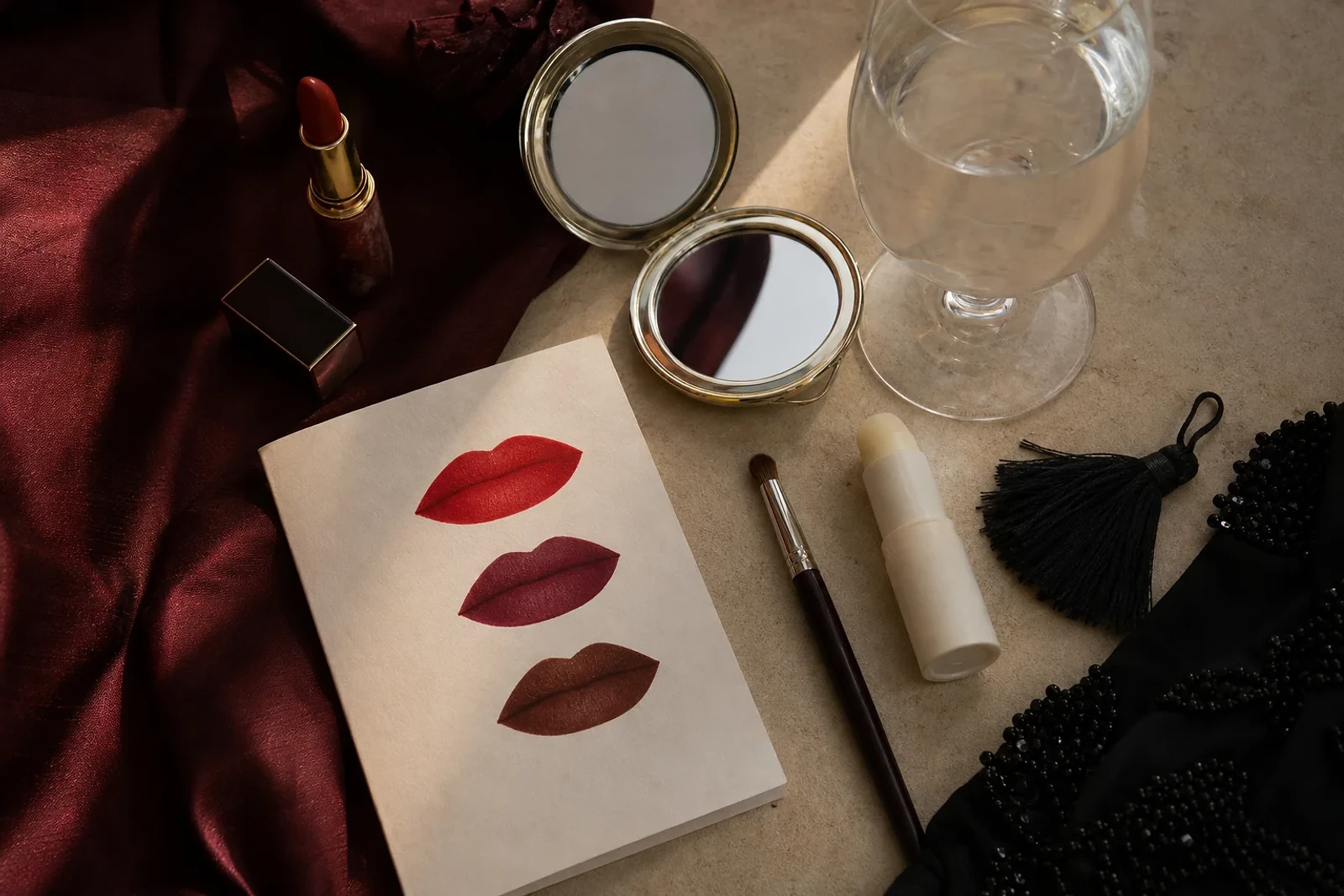 Muestras de labial rojo, berry y café profundo sobre una mesa de maquillaje, inspiración de belleza en ZOE Salon Guatemala.