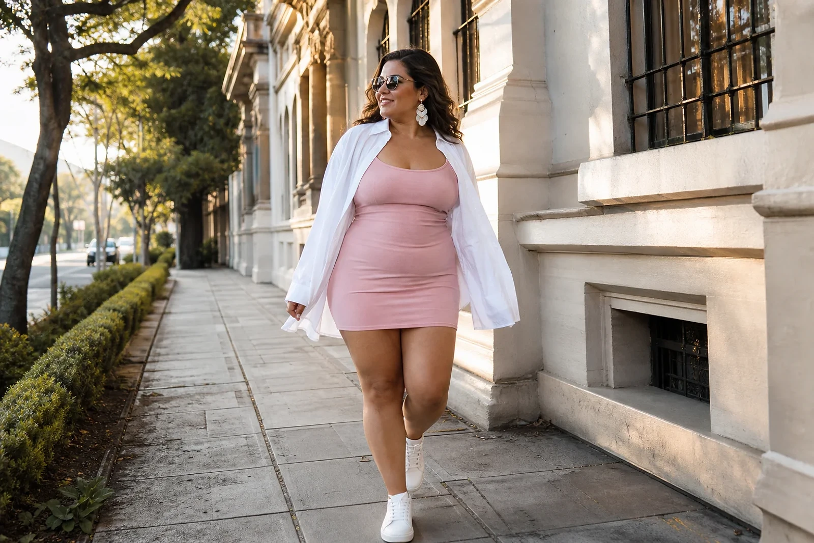 Mujer con vestido rosa, camisa de algodón, tenis, lentes y aretes en Ciudad de Guatemala, propuesta de Moda en Guatemala para el Lili Pink Fest Guatemala 2026
