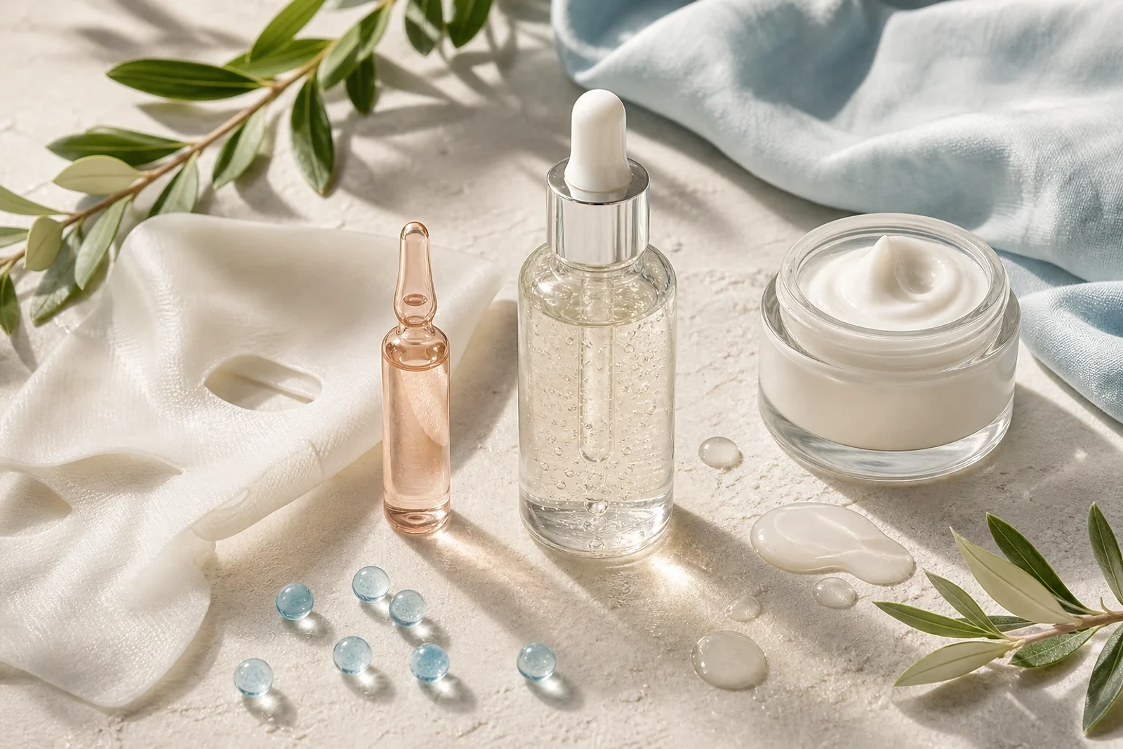 Sérum, ampolla y mascarilla facial en una rutina de skincare coreano para hidratación facial y barrera cutánea