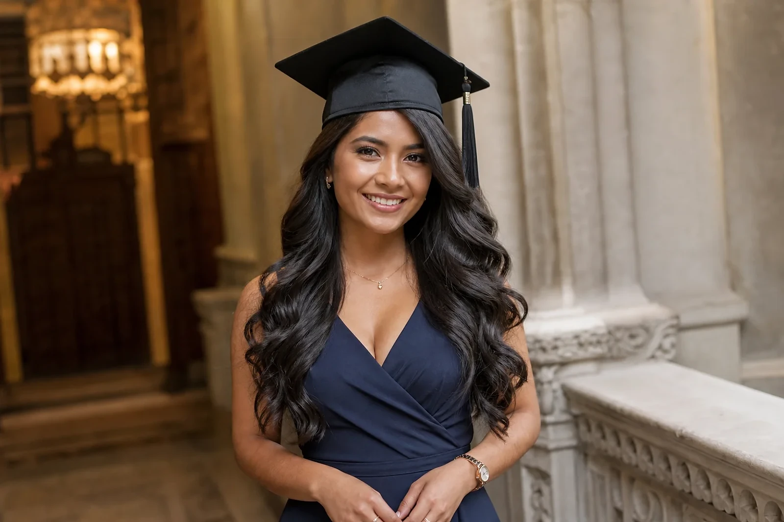 Mujer con ondas suaves y birrete en una ceremonia, inspiración de Peinados para graduación en Guatemala con acabado elegante y fotogénico