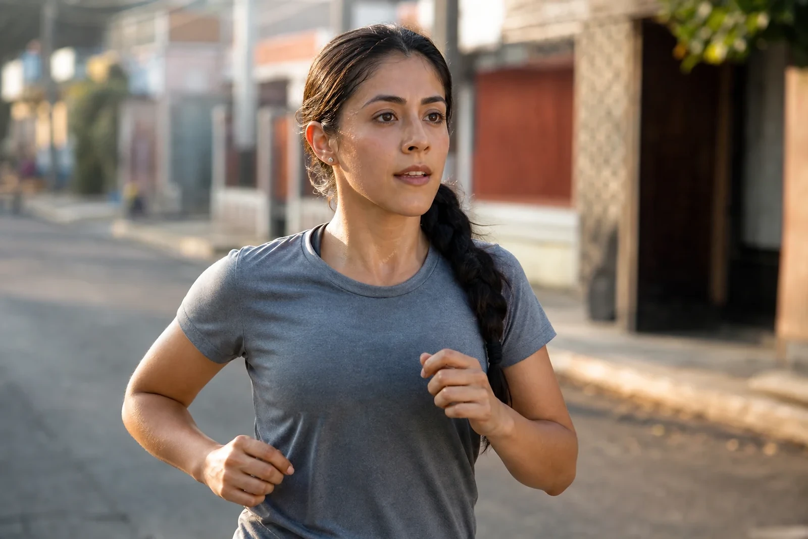 Corredora guatemalteca con trenza baja durante una carrera 5K, ejemplo de Peinados para correr cómodos de ZOE Salon Guatemala