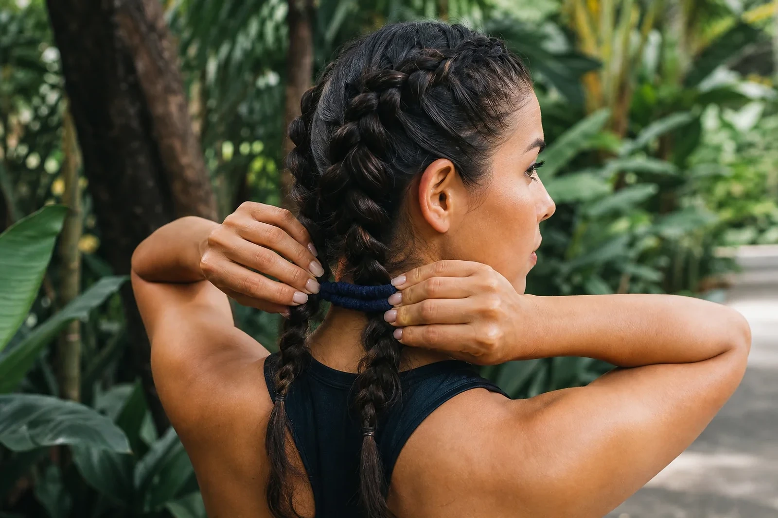 Corredora con dos trenzas francesas de raíz antes de entrenar, Peinados para correr para cabello abundante en ZOE Salon Guatemala