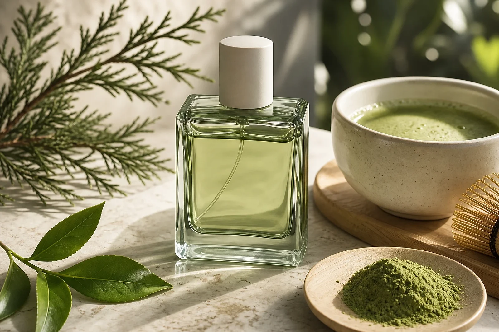 Perfumes de matcha junto a un cuenco de té verde y cedro en una escena editorial de aroma limpio y cremoso para ZOE Salon Guatemala