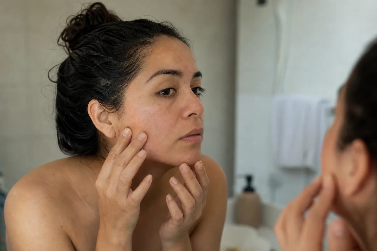 Mujer observa brillo y tirantez facial frente al espejo, guía de piel deshidratada para ZOE Salon Guatemala