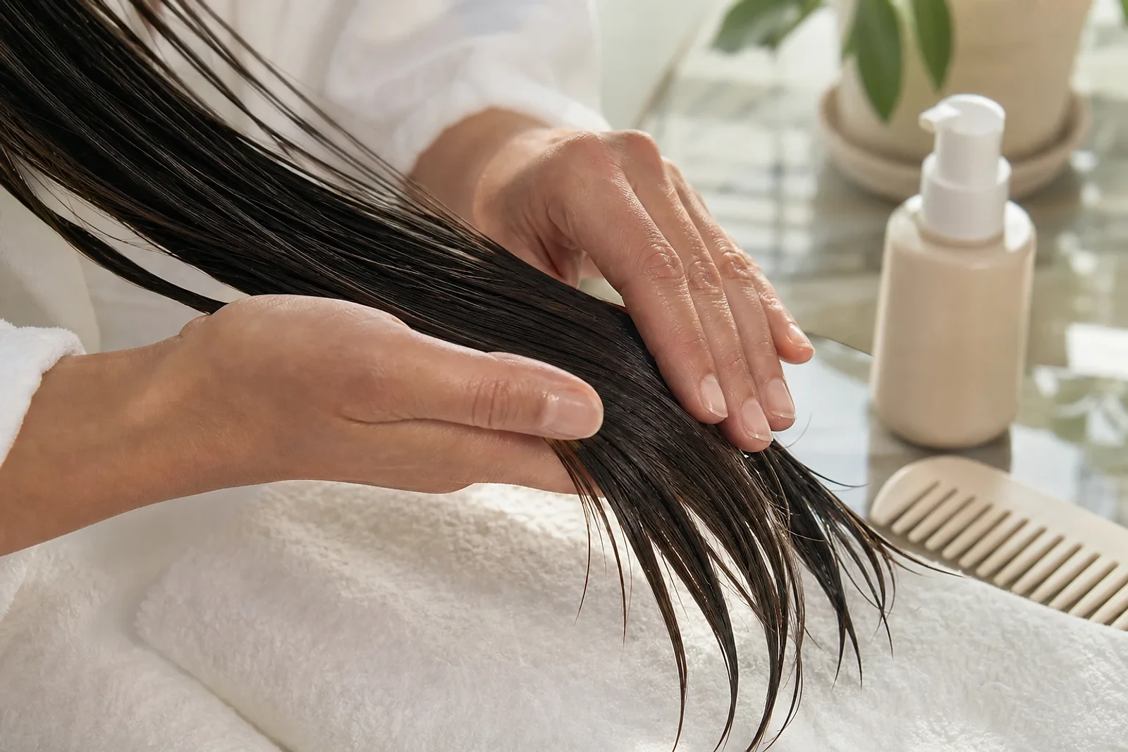 Rutina de cuidado post alisado con sérum en medios y puntas, complemento al uso de shampoo sin sulfatos después de keratina o alisado.