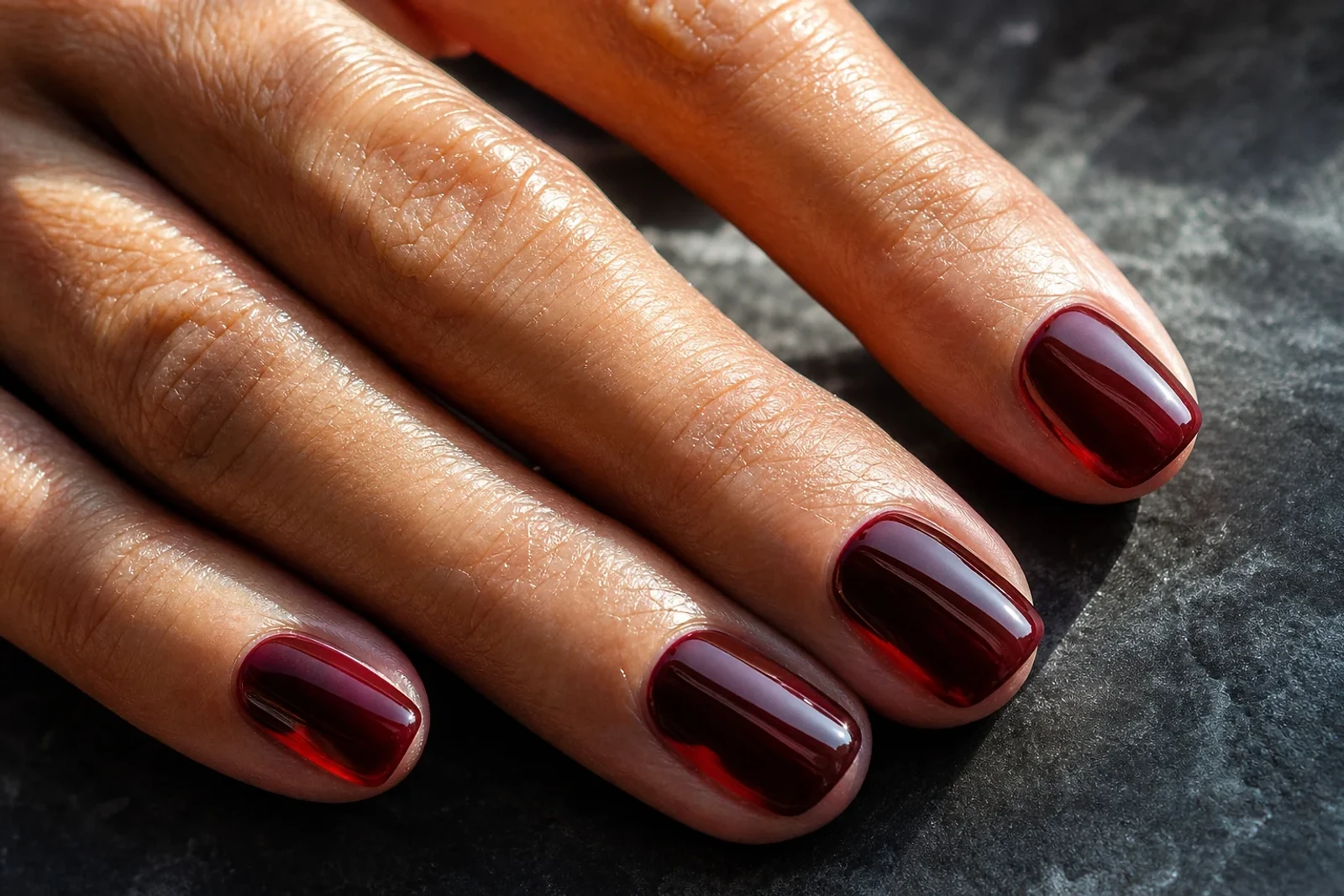Uñas efecto gafas de sol en vino translúcido sobre una mano adulta, con brillo pulido inspirado en NYFW en ZOE Salon Guatemala
