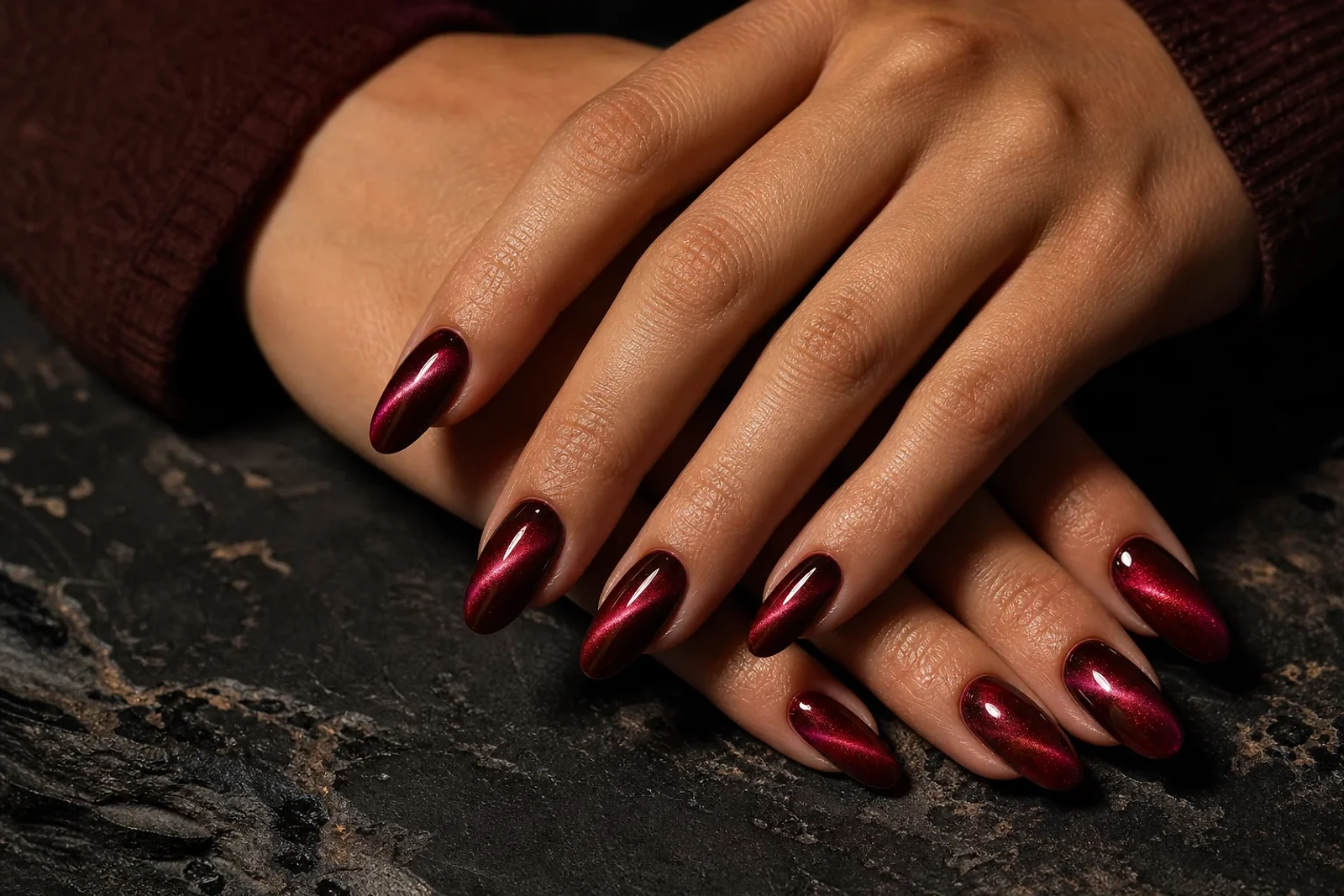 Manos con Uñas ojo de gato rojo oscuro almendradas y reflejo magnético borgoña, inspiración de manicura elegante en ZOE Salon Guatemala
