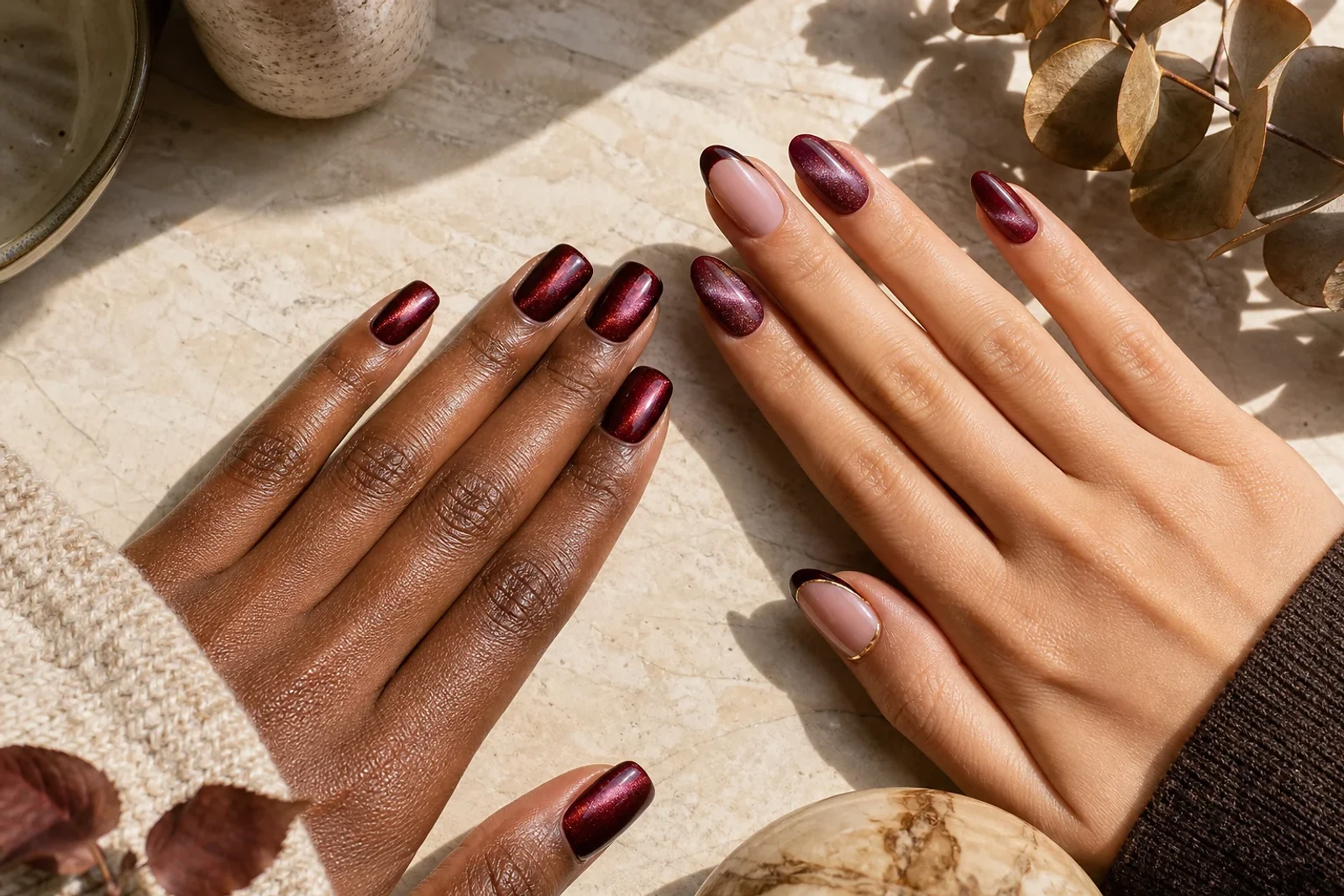 Uñas ojo de gato rojo oscuro en tonos cereza y borgoña junto a una francesa magnética, ideas de nail art para ZOE Salon Guatemala