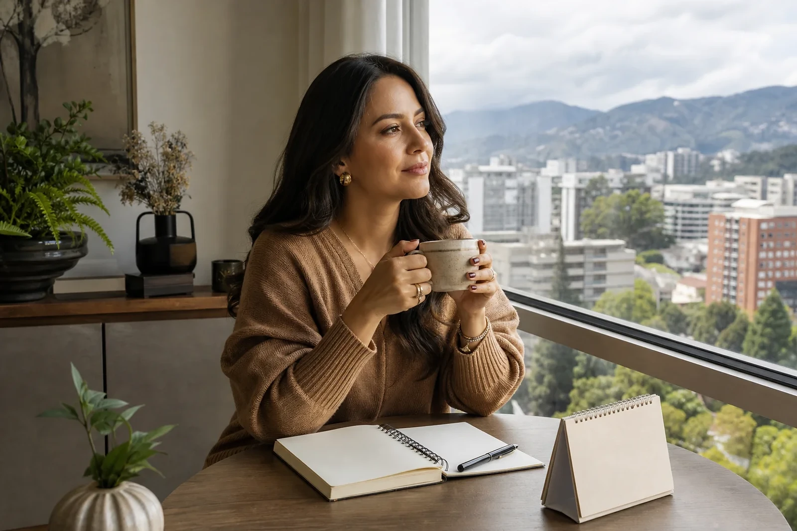 Mujer guatemalteca reflexiona con una libreta sobre sus hábitos de fin de año, una escena de Winter Arc 2026 en Guatemala para ZOE Salon Guatemala