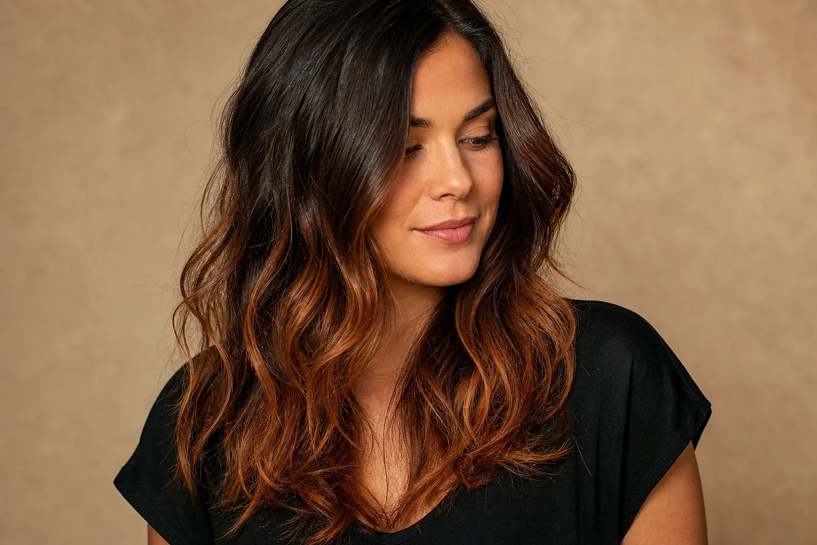 Mujer con balayage cobrizo visible en cabello castaño, una imagen sobre ¿Por qué mi balayage se pone naranja? | ZOE y el mantenimiento del color