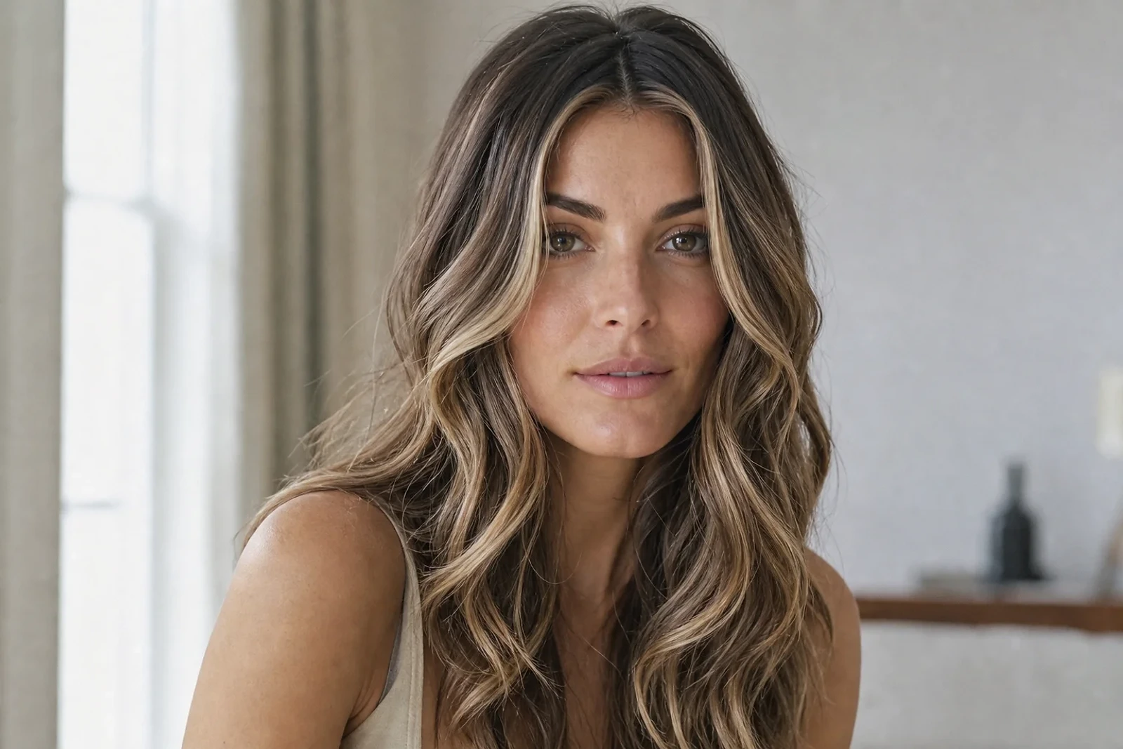 Mujer adulta con ondas y reflejos miel que muestran un Cabello bronde natural y luminoso, inspiración de color en ZOE Salon Guatemala.