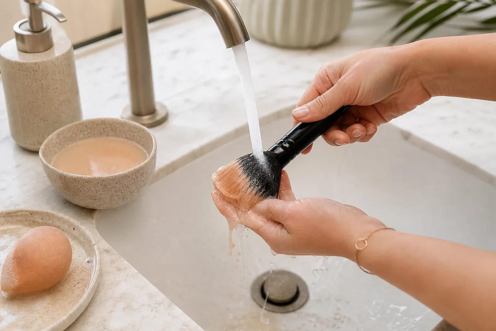 Manos lavan una brocha y una esponja de maquillaje con suavidad: Cómo limpiar brochas de maquillaje sin dañarlas en casa.