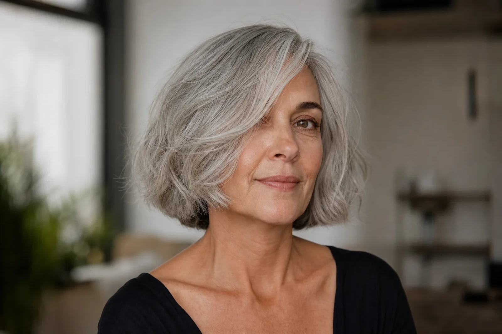 Mujer mayor de 50 con bob pulido y ondas suaves, una inspiración de Corte bob para mujeres mayores de 50 para un estilo actual y natural.