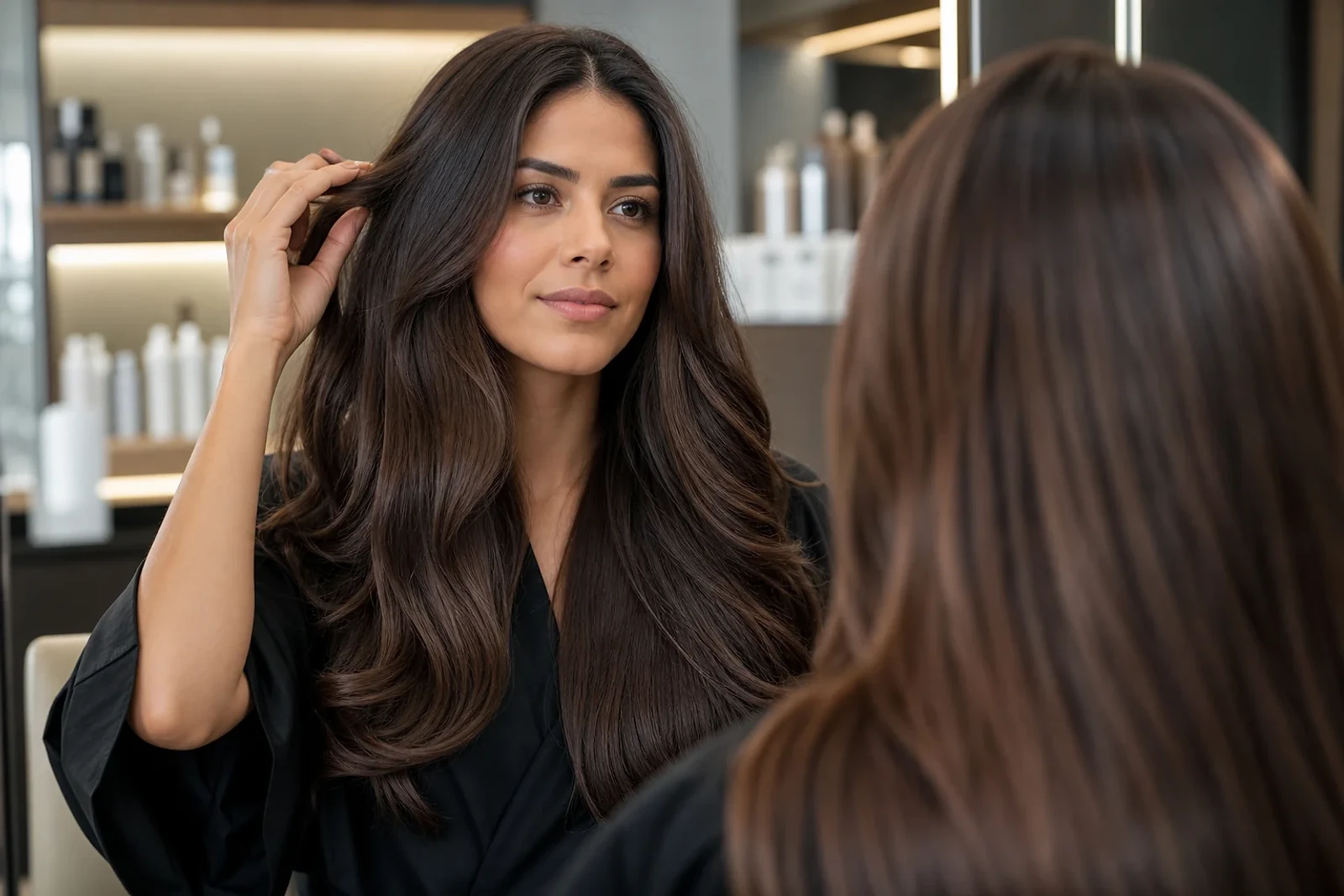 Mujer adulta muestra raíces con textura natural y largos pulidos para explicar cuánto dura la keratina y su crecimiento gradual en ZOE Salon Guatemala.