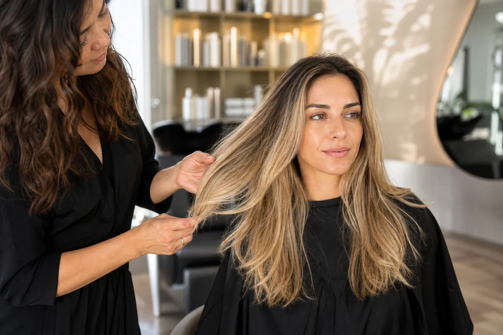 Mujer adulta consulta una decoloración en el salón, una escena sobre cómo decolorar el cabello sin dañarlo de más con asesoría profesional