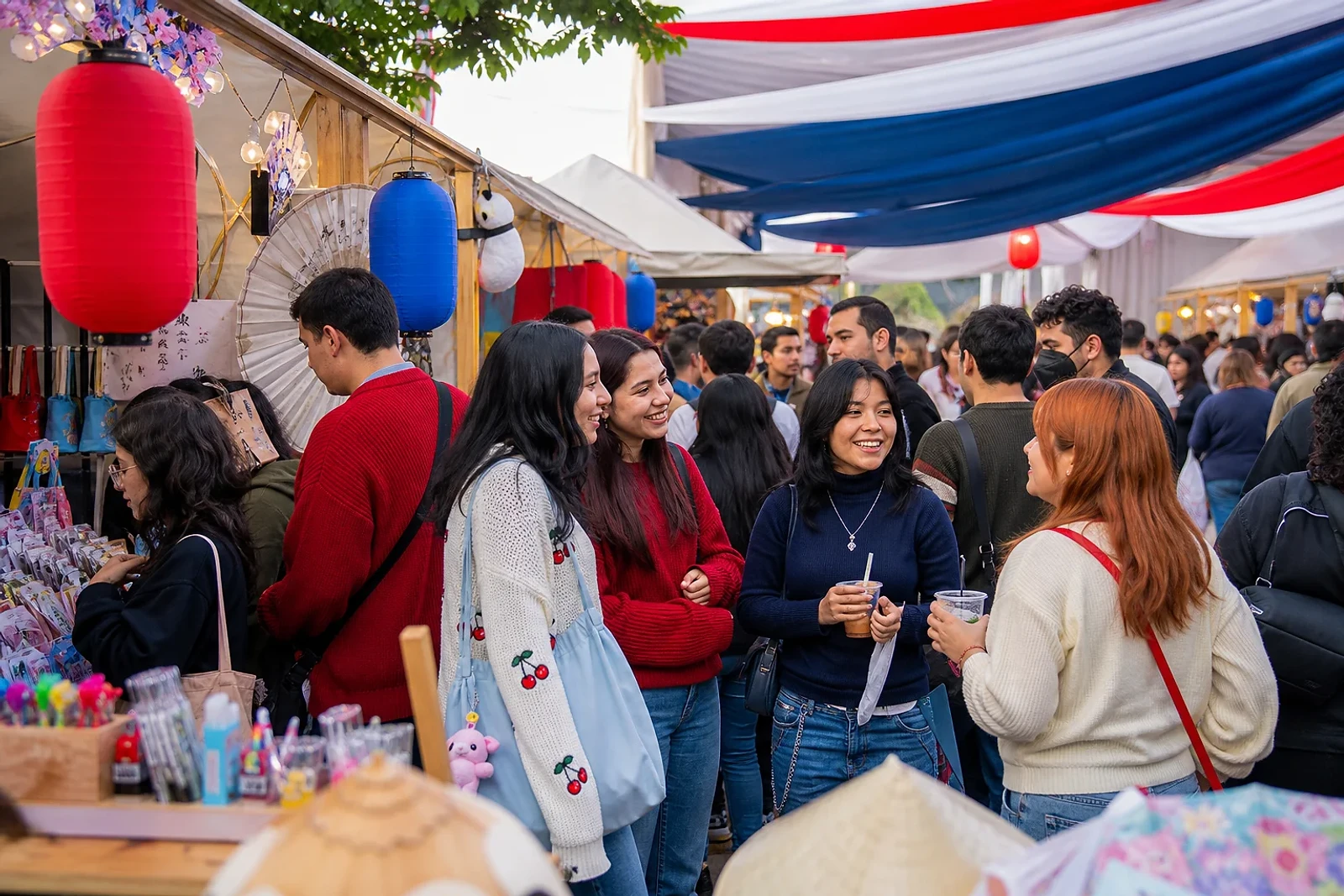 Personas adultas recorren puestos y conversan en un encuentro de K-Wave Guatemala, una experiencia de cultura coreana y comunidad.