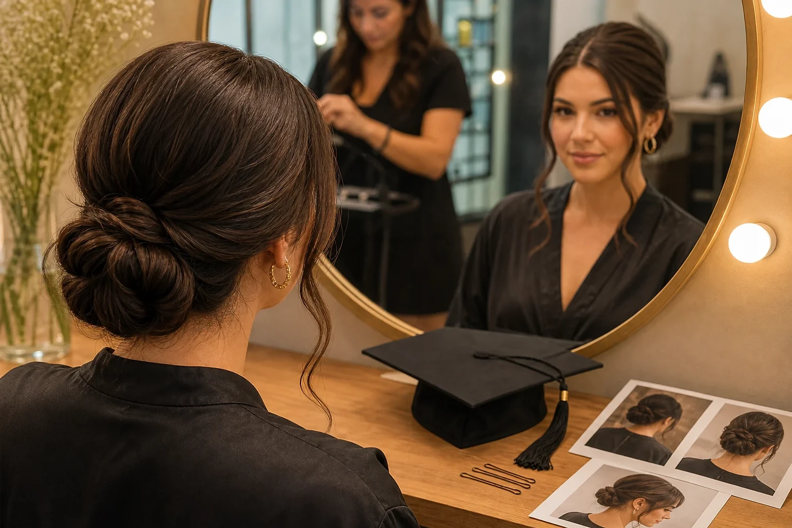 Prueba de moño bajo para graduación en un salón, preparación de peinados elegantes en ZOE Salon Guatemala antes del gran día