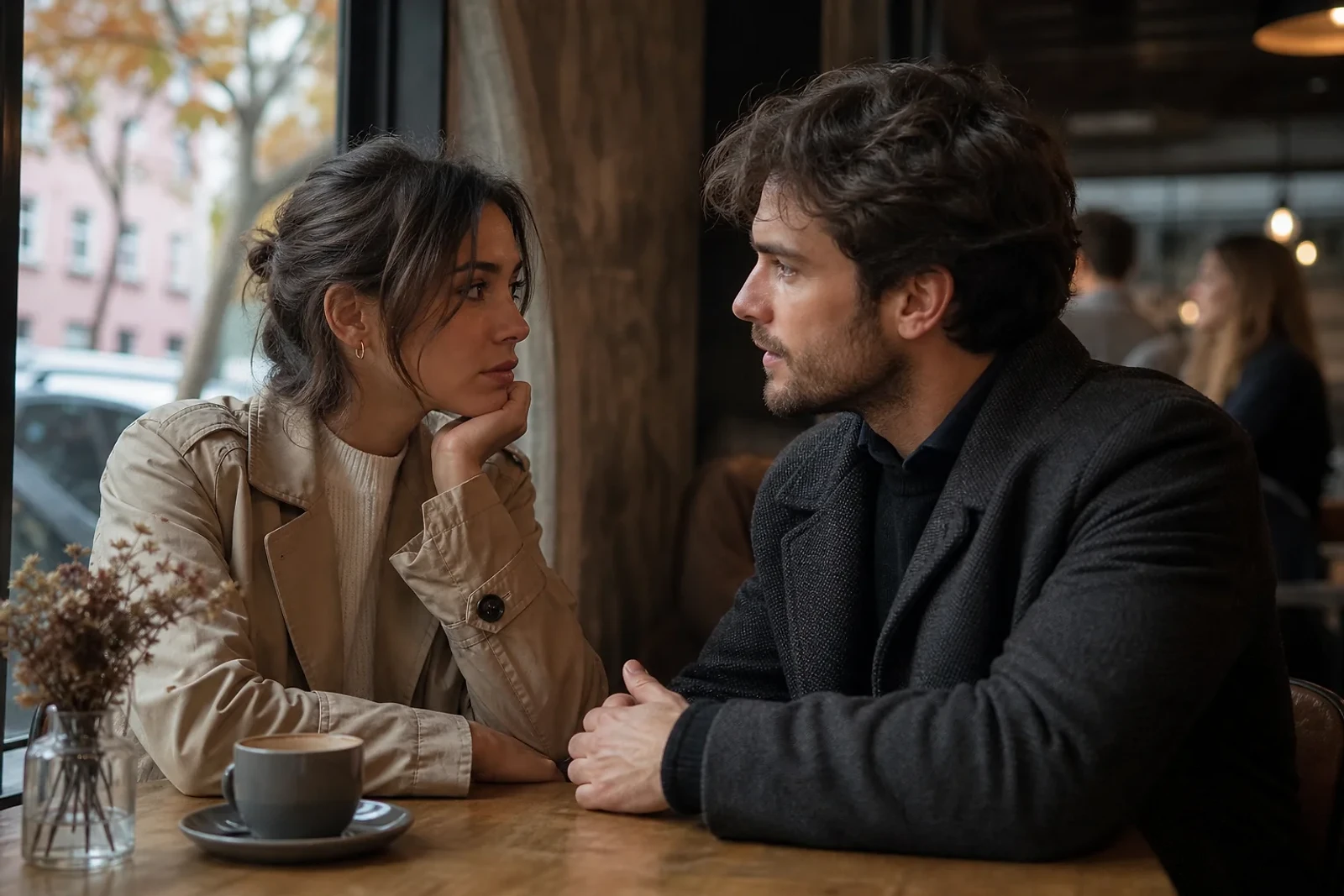 Dos adultos conversan con seriedad en una cafetería sobre una situationship, una escena editorial de September Theory para ZOE Salon Guatemala