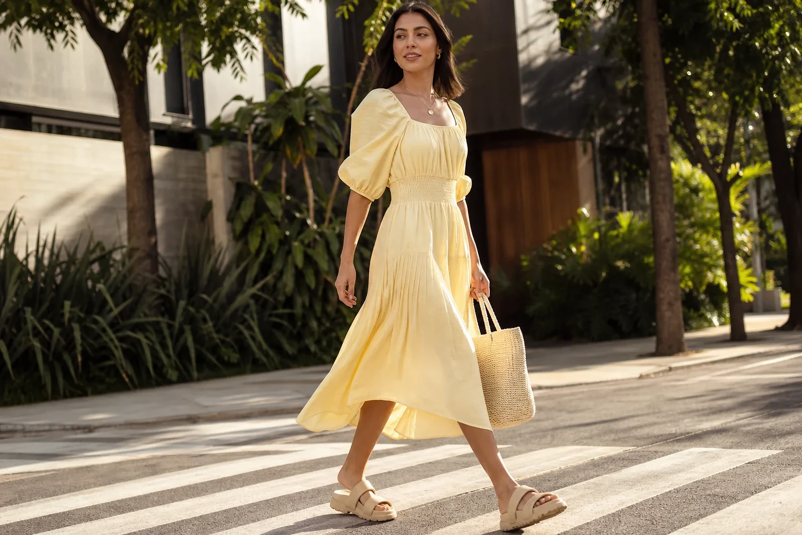 Mujer con vestido amarillo de volumen suave y bolso tejido en Guatemala, inspiración de Tendencias primavera verano 2027 para un estilo femenino y expresivo.