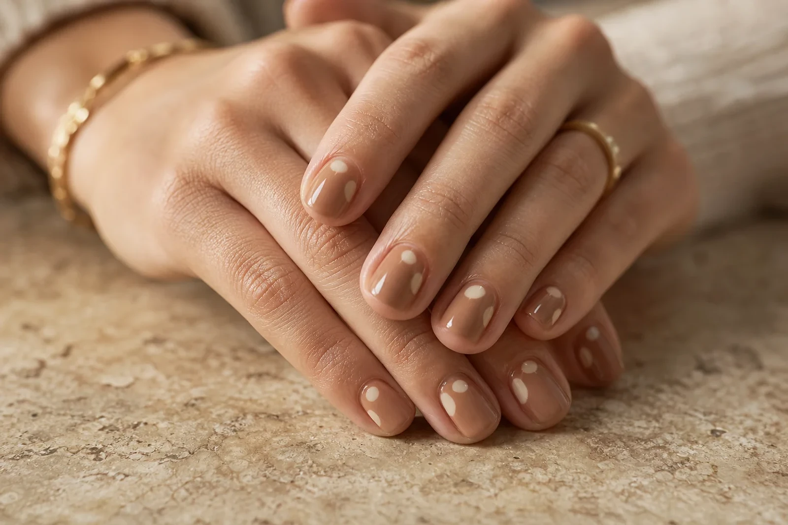 Manos adultas con Uñas Bambi en base caramelo y puntos crema, una manicura otoñal delicada para inspirarte en ZOE Salon Guatemala