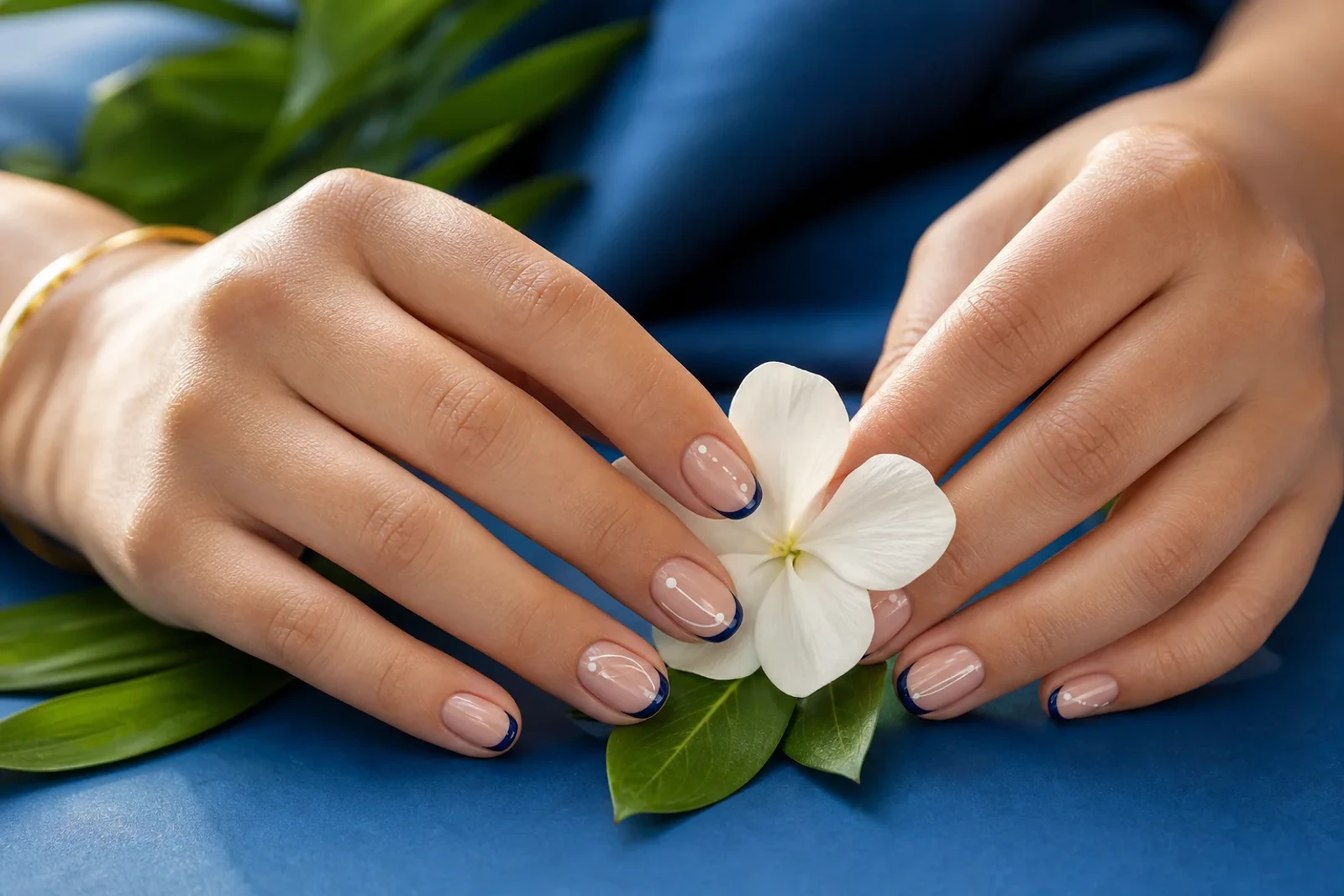 Manos con micro french azul tinta y detalles blancos sobre fondo azul, inspiración de Uñas patrias elegantes Guatemala para septiembre 2026.